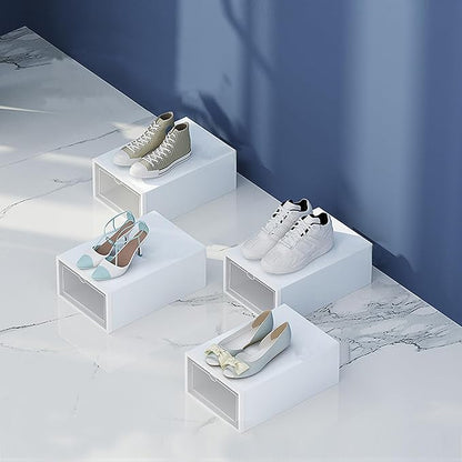 GLEAVI 6 Pcs Plastic Shoe Boxes with Flip- Design, Stackable Shoe Storage Organizer for Closet and Home, White 33x23x14cm