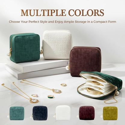 Travel Jewelry Case, Small Velvet Jewelry Pouch Bag with Zipper, Mini Portable Organizer for Earrings Rings Necklaces, Anti-Scratch Portable Storage Bag (Yellow-Green)