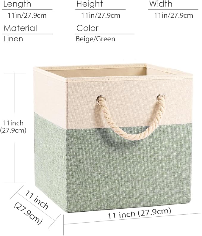 PRANDOM Large Foldable Cube Storage Bins 11x11 inch [2-Pack] Fabric Linen Storage Baskets Cubes Drawer with Cotton Handles Organizer for Shelves Nursery Closet Bedroom Beige/Green