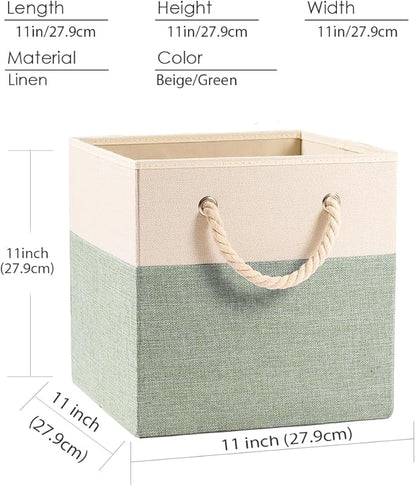 PRANDOM Large Foldable Cube Storage Bins 11x11 inch [2-Pack] Fabric Linen Storage Baskets Cubes Drawer with Cotton Handles Organizer for Shelves Nursery Closet Bedroom Beige/Green