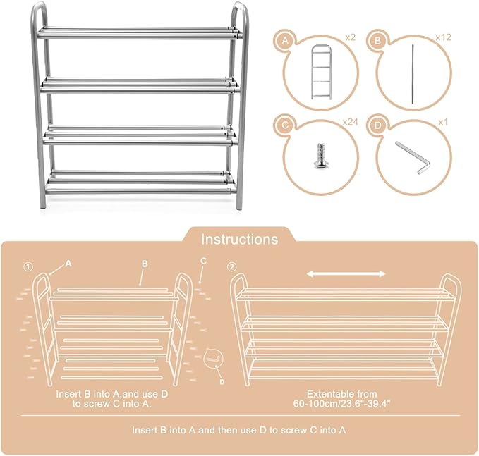 4 Tier Extendable Long Shoe Rack for Closet Shoe Organiser Strong and Sturdy Heavy Duty Metal Shoe Shelf Holds 20+ Pairs (60-100) x 22,5 x 61,5 cm