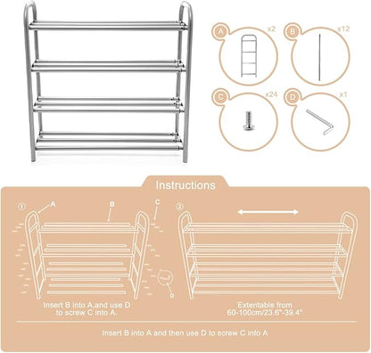 4 Tier Extendable Long Shoe Rack for Closet Shoe Organiser Strong and Sturdy Heavy Duty Metal Shoe Shelf Holds 20+ Pairs (60-100) x 22,5 x 61,5 cm