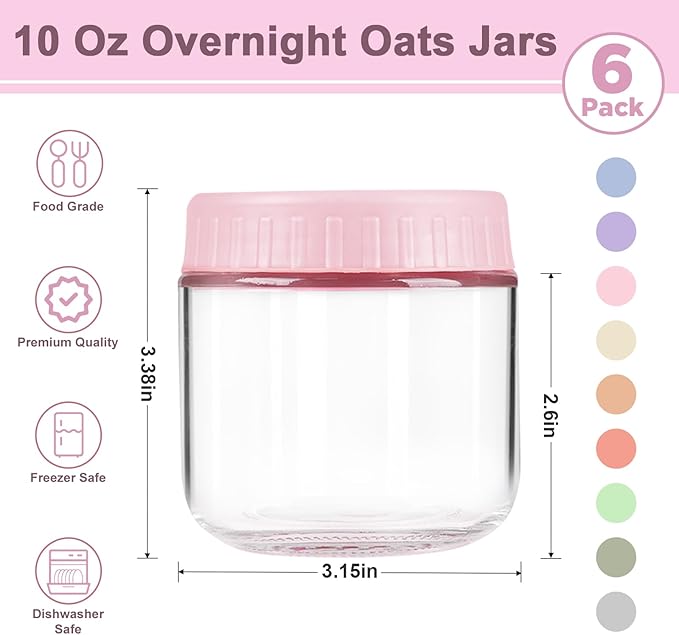 Overnight Oats Containers with Lids, 10oz Wide Mouth Mason Jars with Lids, 6 Pack Glass Jars with Airtight lid for Chia Pudding Yogurt Salad, Meal Prer Oatmeal Jars, Pink