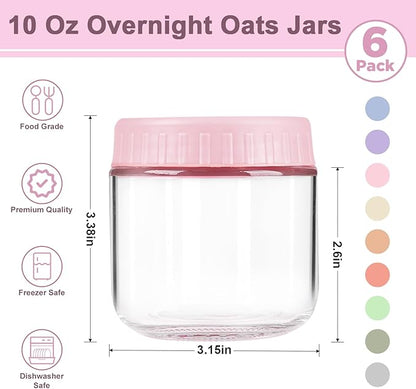 Overnight Oats Containers with Lids, 10oz Wide Mouth Mason Jars with Lids, 6 Pack Glass Jars with Airtight lid for Chia Pudding Yogurt Salad, Meal Prer Oatmeal Jars, Pink