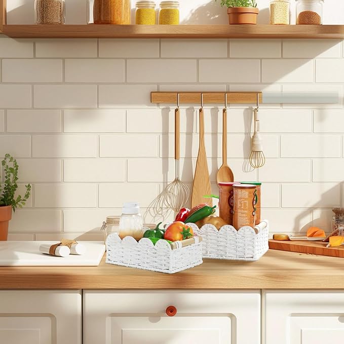 Graciadeco 2 Pack Scalloped Wicker Basket Paper Rope Storage Baskets with Wooden Handles Hand-Woven Organizer Bin Wicker Storage Baskets for Organizing, Home Decor (White)