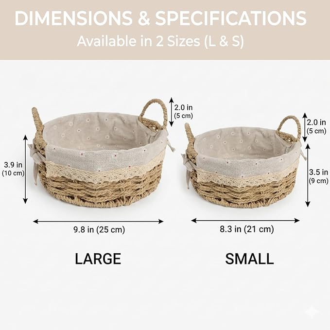 Small Wicker Storage Baskets for Organizing, Set of 2 Round Woven Basket with Handles & Removable Daisy Liner, Boho Paper Rope Cute Baskets for Gift, Decor, Pantry, Shelf, Table, Kitchen