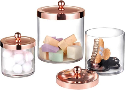 SheeChung 3-Pack Plastic Apothecary Jars with Rose Gold Metal Lids - Large 50oz, 25oz & 15oz Acrylic Storage Set - Shatterproof Laundry Room & Bathroom Organizer - Modern Minimalist Chic Decor
