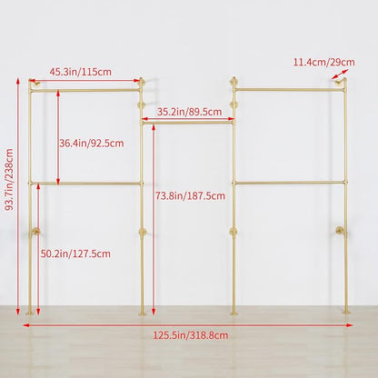 Industrial Pipe Clothing Rack Wall Mounted 5 Hanging Rods Garment Bar, Heavy Duty Closet Storage Rod Vintage Commercial Clothes Racks for Hallway Retail Boutique (Gold)