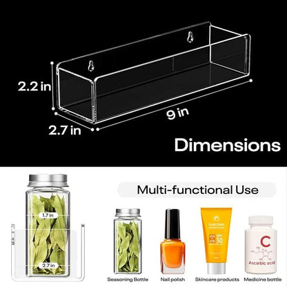 Wall Mounted Acrylic Spice Rack 4 Pack, 9 Inch Clear Pantry Door Organizer, Floating Spice Organizer, Adhesive or Screw Mounted Cabinet Seasoning Shelf