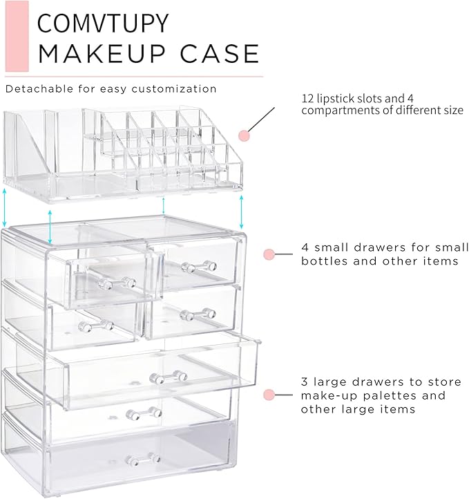 Clear Makeup Organizer with Brush Holder, Large Acrylic Cosmetic Display Jewelry & Make Up Organizers and Storage for Vanity, Bathroom (3 Large, 4 Small Drawers, Clear)