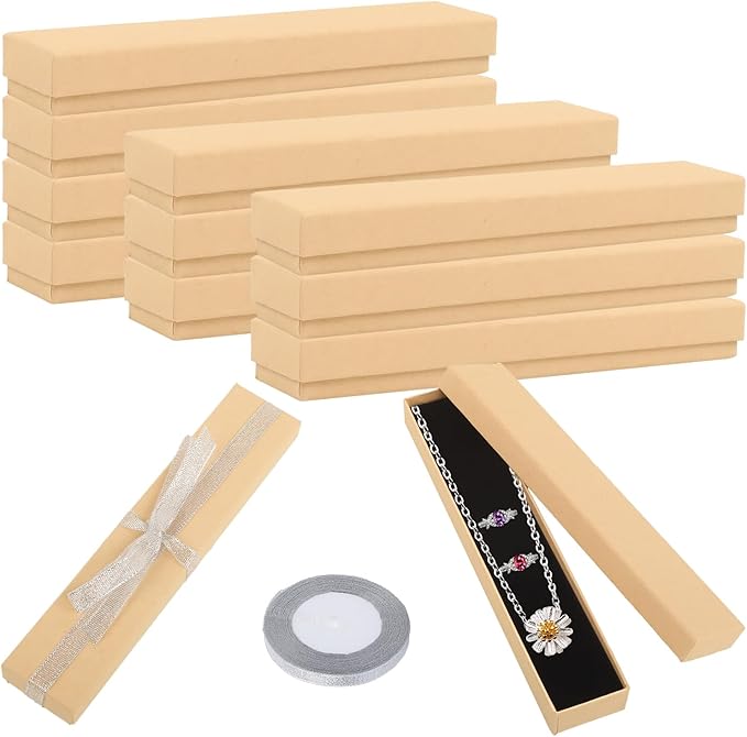 Rocutus Jewelry Gift Boxes Necklace Earring Ring Box Gift Box,12 Pack Jewelry Gift Boxes Necklace Gift Boxes Cotton Filled Cardboard Paper Jewelry Box Gift Cases with Tie Ribbon(Light Kraft)