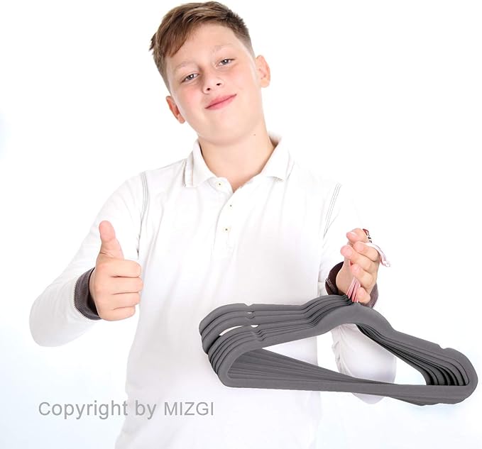 MIZGI Kids Velvet Hangers,Non-Slip Big Kids Hangers,14 Inch Hangers for Youth,Teen Clothes,Pack of 50（Gray/Rosegold）