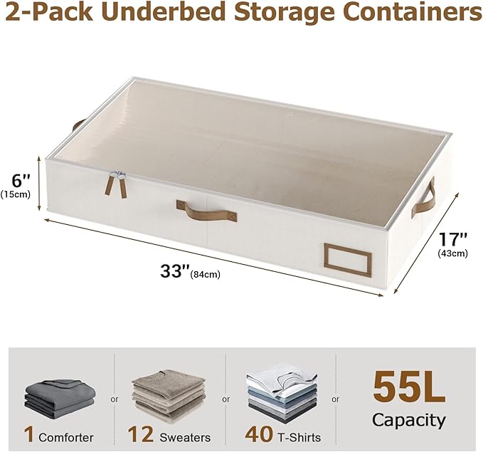 Under Bed Storage, Under Bed Storage Containers Bins for Clothes, Large Linen Underbed Closet Organization Bins, 2 Pack Collapsible Underbed Bin Dorm for Clothes, Sweater, Beige