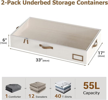 Under Bed Storage, Under Bed Storage Containers Bins for Clothes, Large Linen Underbed Closet Organization Bins, 2 Pack Collapsible Underbed Bin Dorm for Clothes, Sweater, Beige