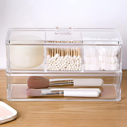 KIMCHOMERSE Qtip Holder Dispenser, 2-Layer Cotton Ball & Pad Holder for Bathroom Storage, Drawer Organizer for Earrings, Jewelry & Small Items