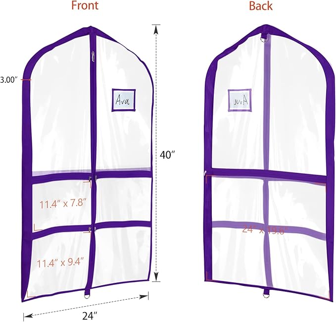 Univivi Clear PVC Dance Costume Bags Garment Bag 40 Inch for Dance Competitions, with 4 Medium Clear Zipper Pockets and 1 Large Back Zippered Pocket (1 Pack, Clear Purple)
