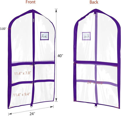 Univivi Clear PVC Dance Costume Bags Garment Bag 40 Inch for Dance Competitions, with 4 Medium Clear Zipper Pockets and 1 Large Back Zippered Pocket (1 Pack, Clear Purple)