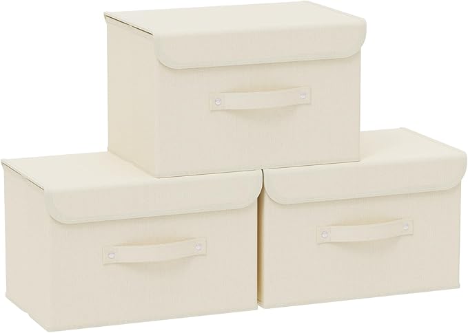Fabric Storage Bins Cube Organizers with Flip-Top Lid and Handles,Storage Boxes for Organizing Home,Office,and Closet,Beige,3 Pack 15 x 9.8 x 9.8 in
