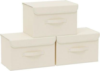 Fabric Storage Bins Cube Organizers with Flip-Top Lid and Handles,Storage Boxes for Organizing Home,Office,and Closet,Beige,3 Pack 15 x 9.8 x 9.8 in