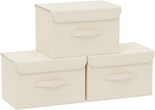 Fabric Storage Bins Cube Organizers with Flip-Top Lid and Handles,Storage Boxes for Organizing Home,Office,and Closet,Beige,3 Pack 15 x 9.8 x 9.8 in