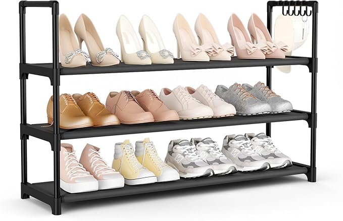 VILICK Shoe Rack for Closet Shoe Organizer Space Saver Storage for 12-15 Pair Shoe Shelf with Hook Free Standing 3 Tier Shoe Rack Organizer for Entryway, Small Spaces, Black