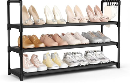 VILICK Shoe Rack for Closet Shoe Organizer Space Saver Storage for 12-15 Pair Shoe Shelf with Hook Free Standing 3 Tier Shoe Rack Organizer for Entryway, Small Spaces, Black