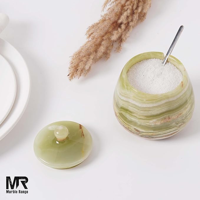 Green Onyx Marble Salt Cellar – 4.5 Inch Salt Container, Salt Jar, Salt Dish, Salt Holder, Spice Jar, Sugar Bowl, Celtic Salt, Table Salt Storage for Kitchen Countertop