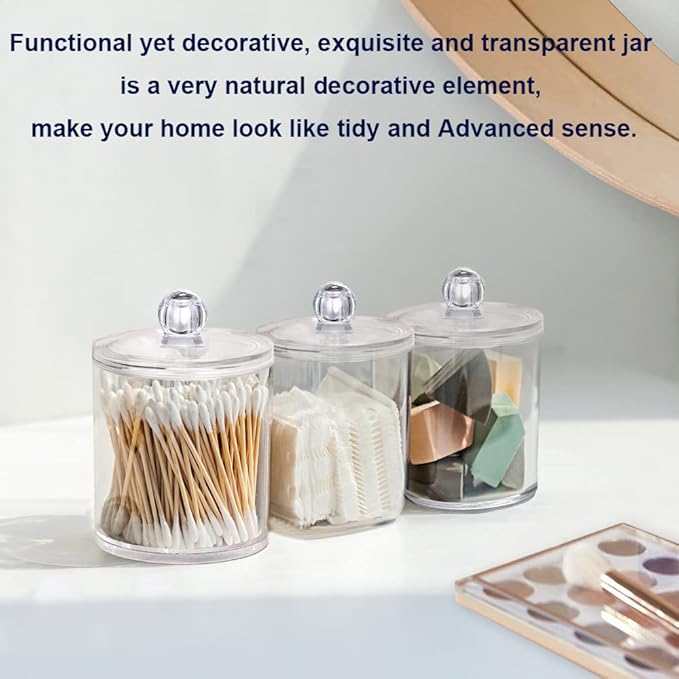 4 Pack Qtip Holder Dispenser for Cotton Ball, Swab, Round Pads, Floss - 10 oz Clear Plastic Apothecary Jar Set for Bathroom Canister Storage Organization, Vanity Makeup Organizer