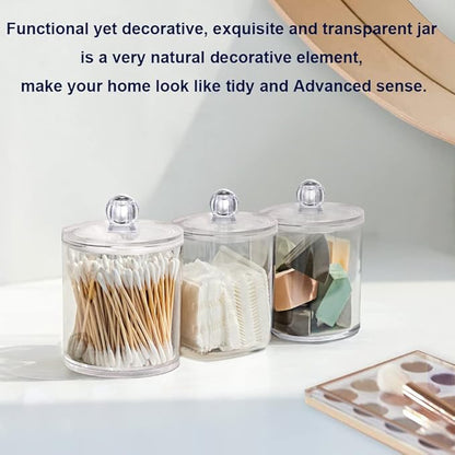 4 Pack Qtip Holder Dispenser for Cotton Ball, Swab, Round Pads, Floss - 10 oz Clear Plastic Apothecary Jar Set for Bathroom Canister Storage Organization, Vanity Makeup Organizer