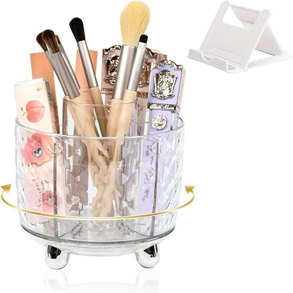 SAYEEC Pen Holder for Desk 6 Slots Rotating Makeup Brush Organizer Toothbrush Holder Versatile Desk Skincare Cosmetic Organizer Pencil Cup Pot Art Supply Caddy for Office Vanity Bathroom, Clear Silver