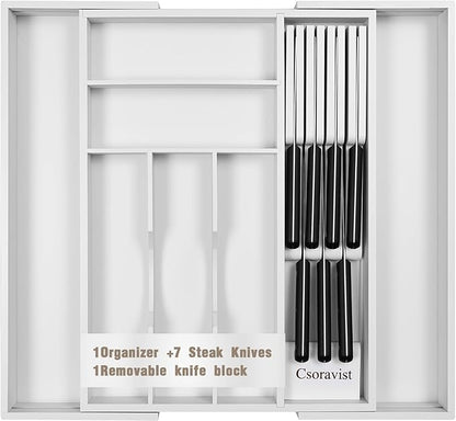 9-Piece Bamboo Kitchen Drawer Organizer Set, Expandable Silverware &Utensil Organizer with Removable Knife Block & Steak Knives, Flatware Organization, Tableware Dividers Storage(White)