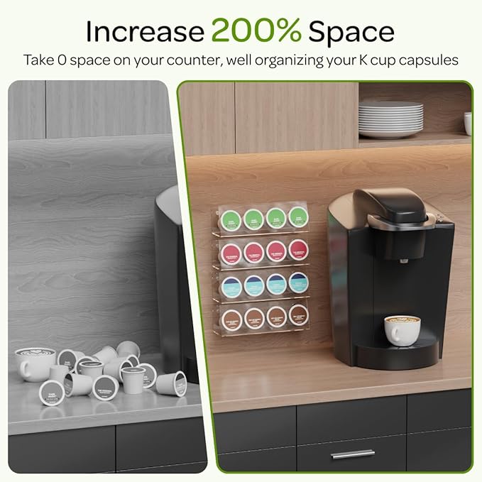 LifeMoreasy K Cup Holders, Acrylic Coffee Pods Organizer Stand Magnetic & Self-Adhesive Wall Mounted K Cup Stand for Kitchen Wall, Cabinet, Fridge (4 Pack for 16 Pods)