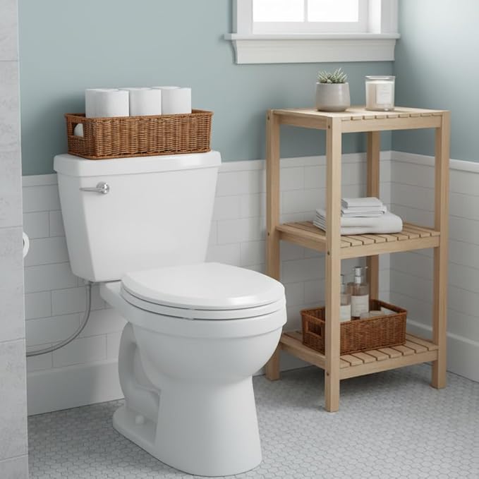2pcs Toilet Tank Basket, Rectangular Wicker Shelf Basket for Organization, Waterproof Handwoven Toilet Paper Rolls Baskets for Bathroom Countertop, Storage Shelf, End Table (Coffee Brown)