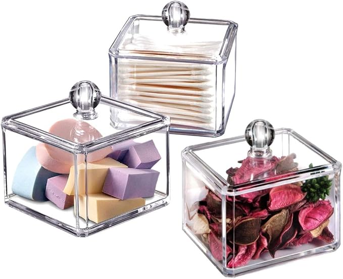 Square Acrylic Cotton Ball Pads Gauze Swab Holder Organizer Q-tip Dispenser Storage Canister Bathroom Container Flossers Box Case (3.5 x 3.5 x 3 inches, Single Tier, Transparent)