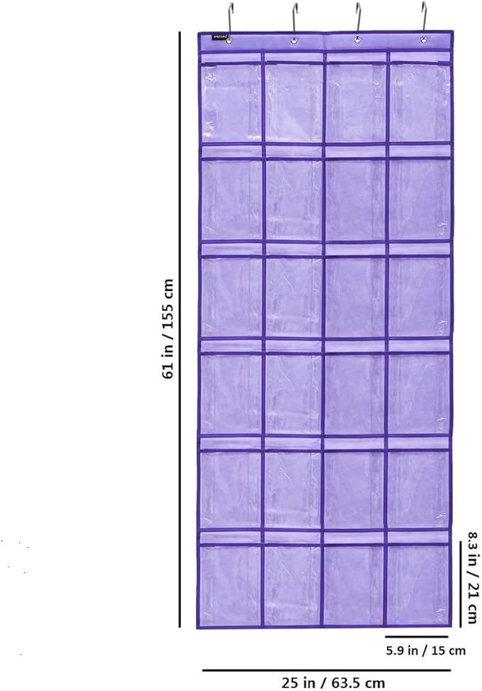 Modern Over the Door Shoe Rack Organizer with 24 Clear PVC Pockets, Purple