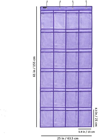 Modern Over the Door Shoe Rack Organizer with 24 Clear PVC Pockets, Purple