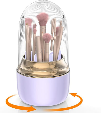 Anylady Makeup Brush Holder 360 Rotating, [Upgrade & with Cover] Makeup Brush Organizer for Vanity Countertop Bathroom (Purple)