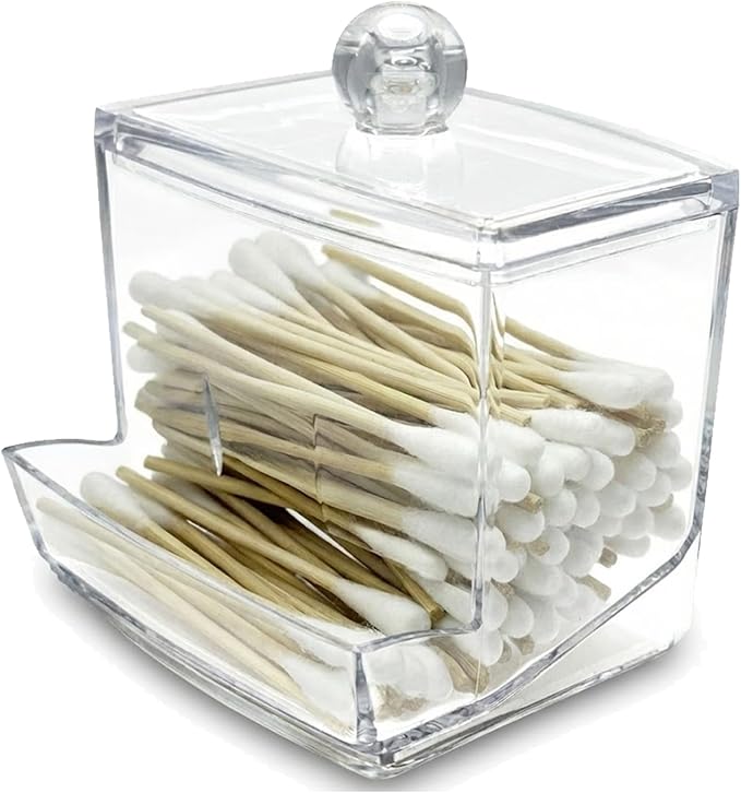 Cotton Swab Holder with Lid - Clear Plastic Bathroom Vanity Organizer, Shatterproof U-Slot Cotton Swab Dispenser Canister, Dustproof Countertop Container for Cotton Swabs & Apothecary Storage
