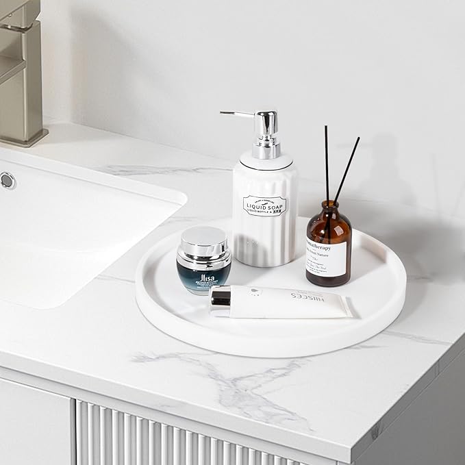 Silicone Bathroom Tray Round Vanity Tray Decorative Soap Holder Kitchen Countertop Organizer Coffee Table Decor for Candle, Perfume, Plant, 12 Inch, White