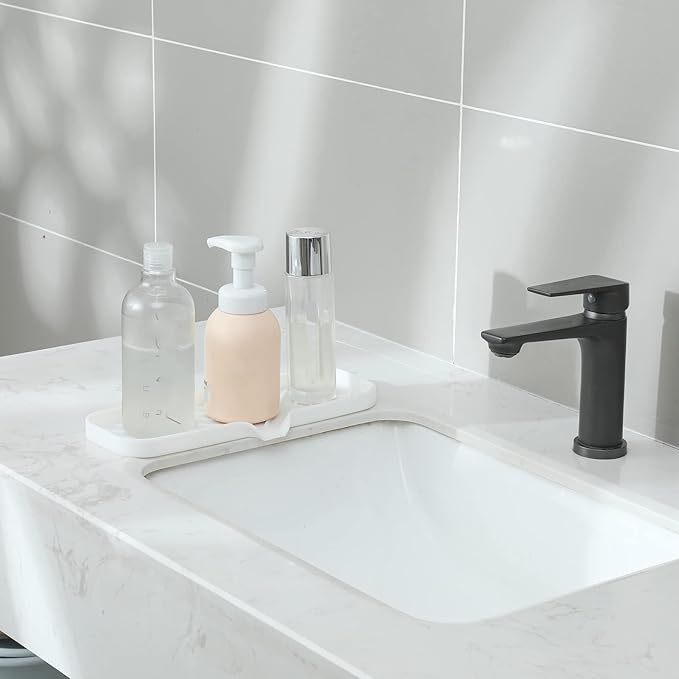 MicoYang Silicone Bathroom Soap Dishes with Drain Spout-Bathroom and Kitchen Sink Organizer,Sponge Holder,Dish Soap Tray,Perfect for Dispenser,Scrubber,Bottle,Cup on Sink or Counter-White 12"×4"