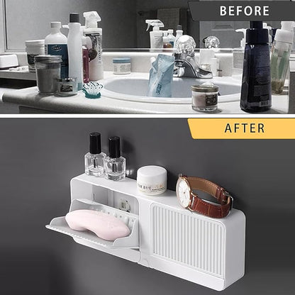 Soap Holder with Hooks, 2-in-1 Wall Mounted Soap Dish, No Drilling Soap Bar Holder with Self Draining to Keep Soap Bars Dry, Suit for Shower, Bathroom and Kitchen(White)