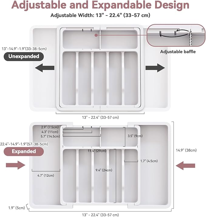 ABHENG Silverware Organizer, Expandable and Adjustable Kitchen Utensil Drawer Organizer, Plastic Cutlery Holder with Multiple Compartments, Cutlery Holder,for Spoons Forks Knives, White, UAFD011W