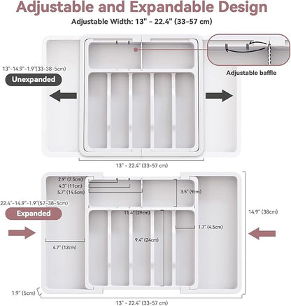 ABHENG Silverware Organizer, Expandable and Adjustable Kitchen Utensil Drawer Organizer, Plastic Cutlery Holder with Multiple Compartments, Cutlery Holder,for Spoons Forks Knives, White, UAFD011W