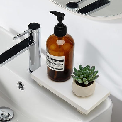 White Wooden Bathroom Counter Tray Organizer Small Wood Risers Pedestal Stand Kitchen Soap Dish Dispenser Holder for Bathroom Counter Decor Farmhouse Bathroom Sink Accessories Modern Vanity Tray