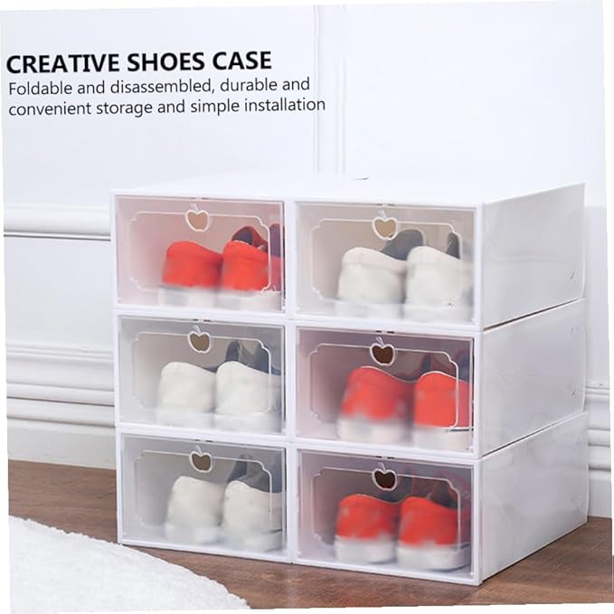 Creative Shoes Box Large Capacity Storage Case with Lid, Thickened Plastic Drawer-type Shoe Organizer for Closet, 6pcs Set, Pearl White
