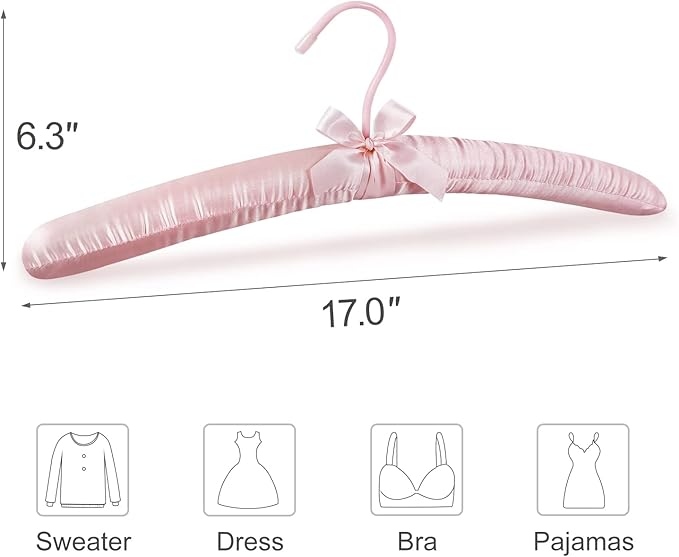 TOPIA HANGER Padded Hangers for Women Clothing,17-inch Satin Hangers 10 Pack Thick Foam Padded No Shoulder Bump for Sweaters, Coat, Blouses, Dresses-Pink,CT18P-10