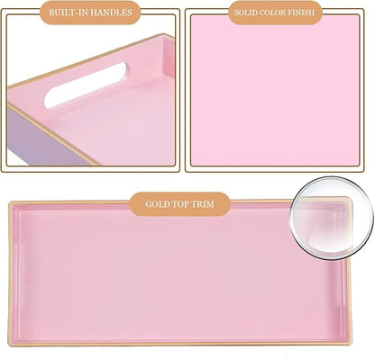 MAONAME Pink Vanity Tray Set of 2, Plastic Decorative Tray with Handles, Long Narrow Trays, Small Bathroom Trays for Toilet Tank, 13.8" X 6" X 1.57"