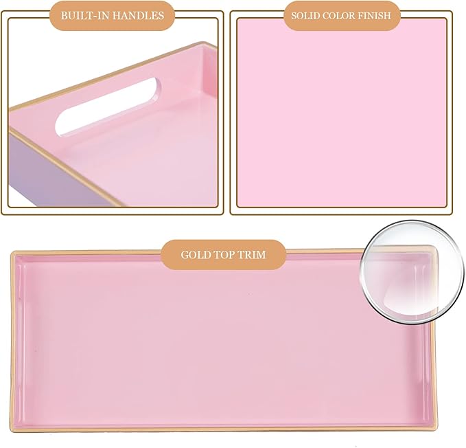 MAONAME Pink Vanity Tray, Bathroom Counter Tray, Decorative Trays with Handles, Storage Dresser Trays Organizer for Perfume, Jewelry, Makeup, 13.8" x 6" x 1.57"