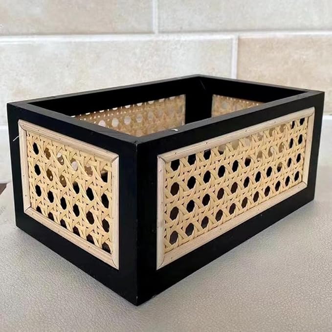 Storage Basket, Wooden Bamboo Weaving Storage Basket Hand-Woven Desktop Storage Bins for Toys, Snacks, Office/Home Supplies, Cosmetics, etc. (S)