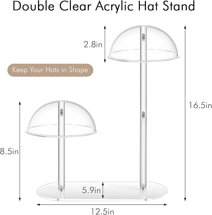 Hat Display Stand with Clear Acrylic Dual-Rod Dome Support, 2-Tier Desktop Holder for Baseball Caps, Cowboy Hats & Wigs, Modern Organizer for Bedroom, Closet or Retail Use